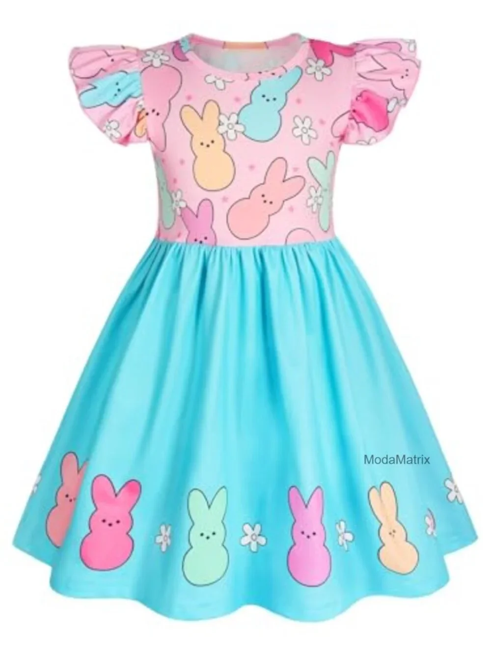 Girls A-Line Midi Flutter Sleeve Dress Casual Printed Stretch